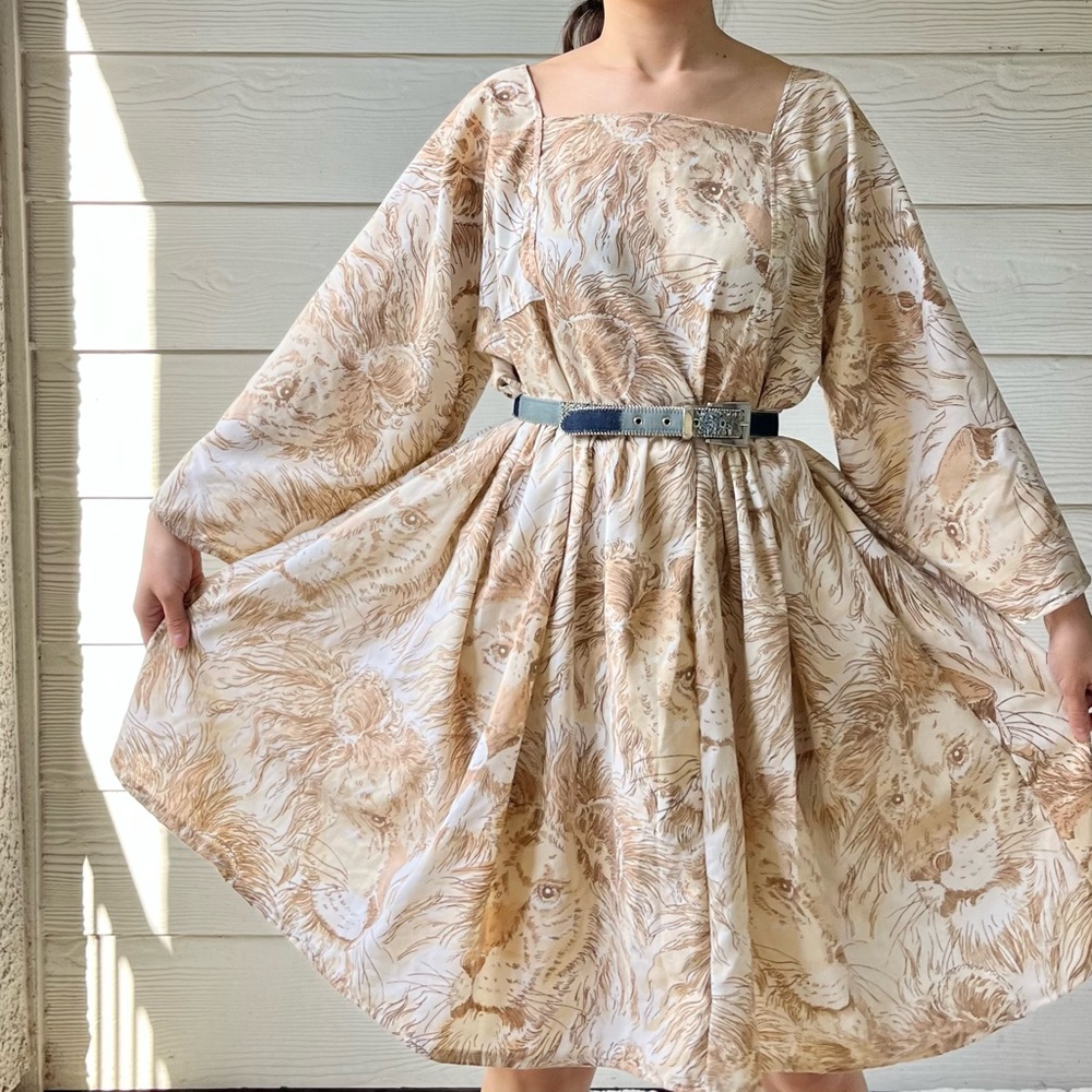 Vintage Fabric | Handmade Lion Portrait Big Cat Bandana Dress SKU 03153